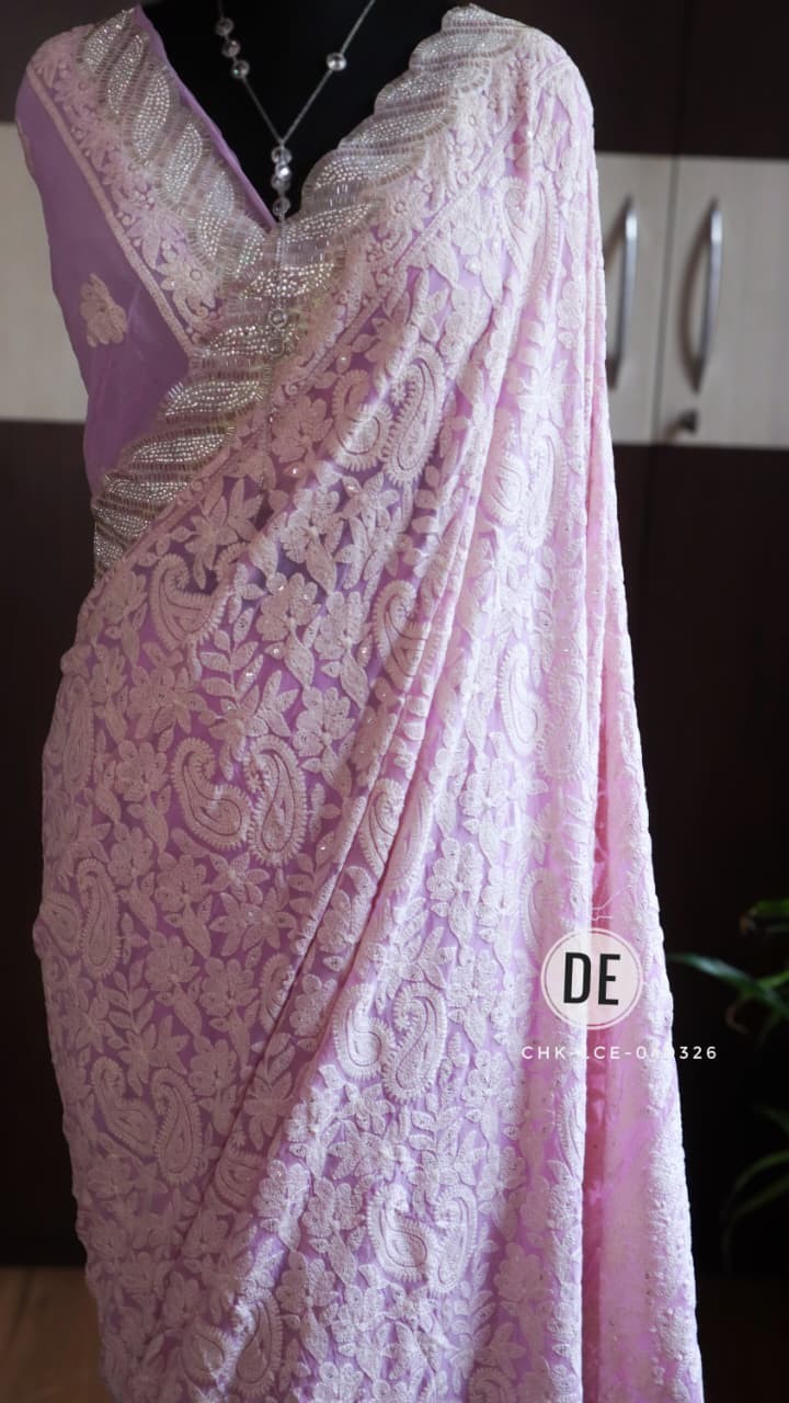 PURE ORGANZA SILK EMBROIDERY CUTWORK SCALLOP BORDER SAREE WITH CUTWORK BLOUSE