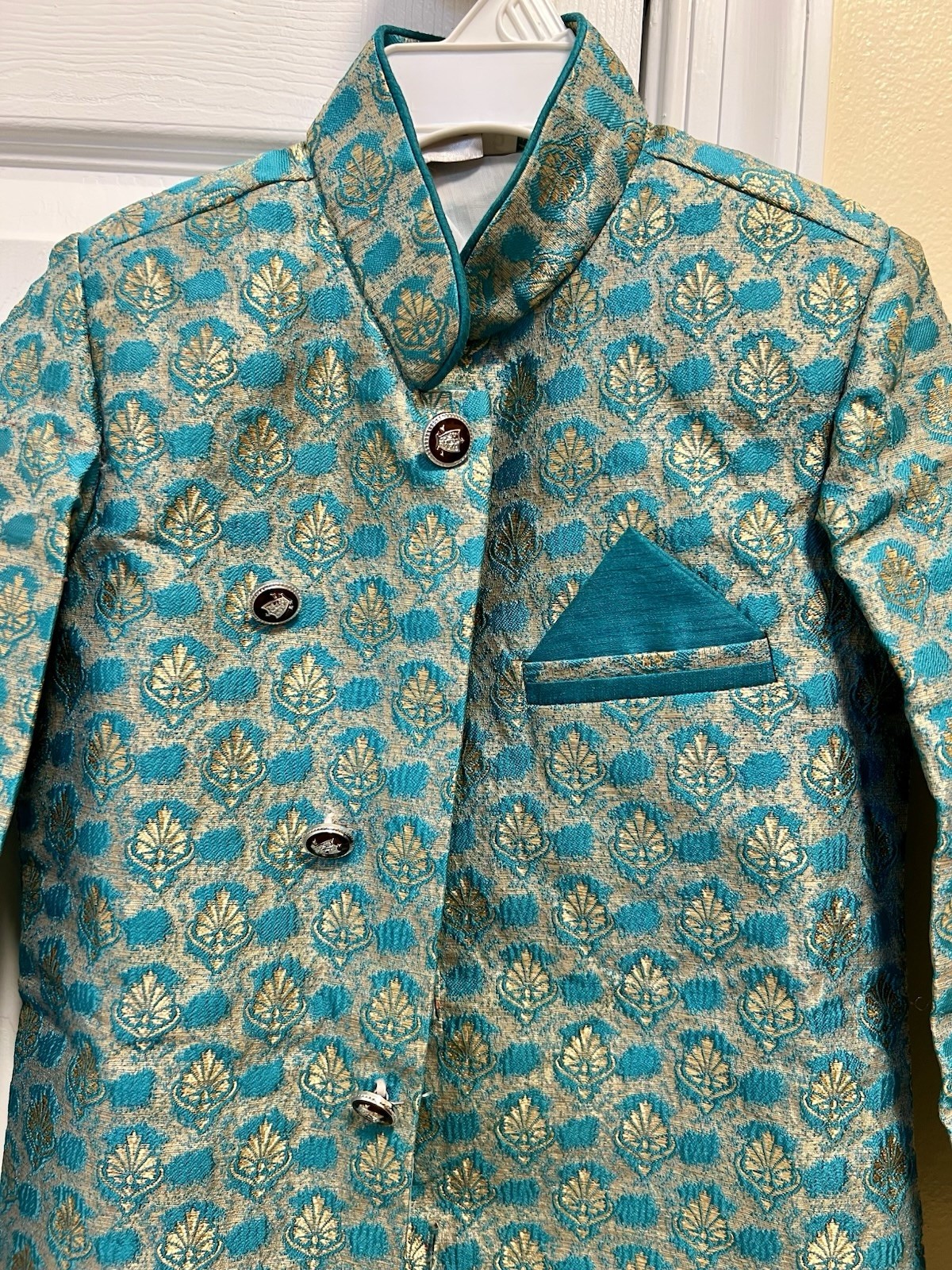Sherwani Punjabi Set Blue golden color in kathan print party wear boy S Size 5