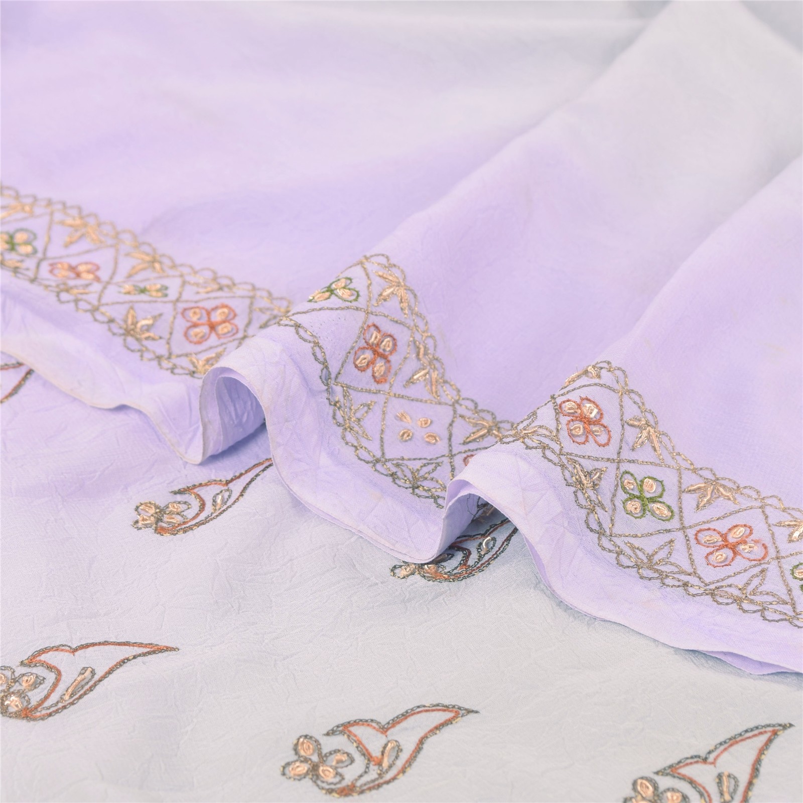 Sanskriti Vintage Lavender Sari Georgette Hand Beaded Craft Fabric Floral Sarees