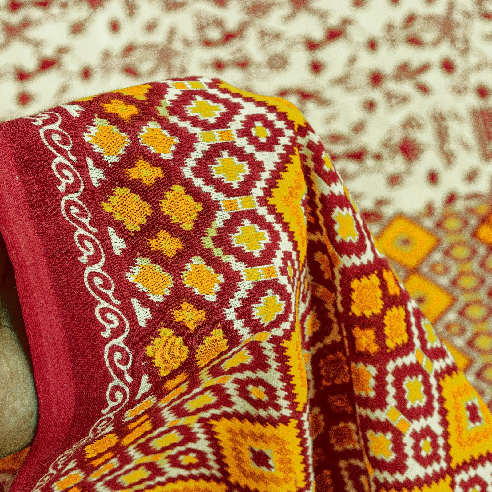 Sanskriti Vintage Saree Soft Red-Cream WarliArt Pure Cotton Geometric Print 5+Yd