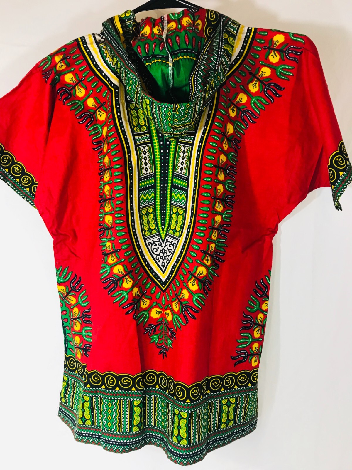 African Dashiki Short Sleeve Hooded Traditional Red Green Youth Size 12/14