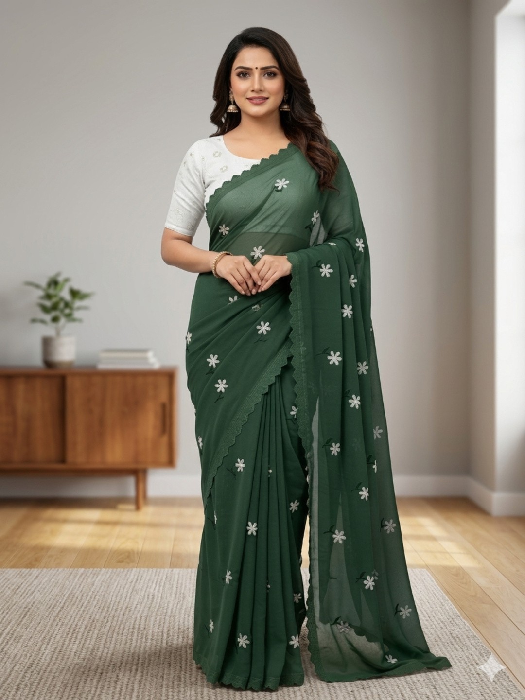 GREEN SAREE WITH THREAD WORK & WHITE BLOUSE BANGLORI BLOUSE WITH SEQUENCE WORK