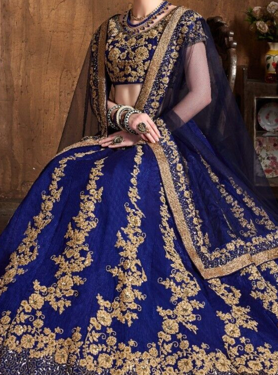 Navy Blue Raw Silk Lehenga Choli With Soft Net Dupatta For Indian Wedding Wear