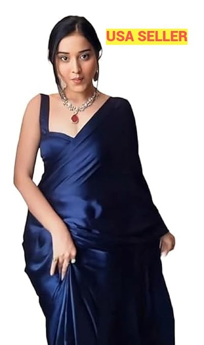 Women’s Ready to Wear Satin Silk 1 Minute Pre Pleated Heavy Saree Blue Color AN4