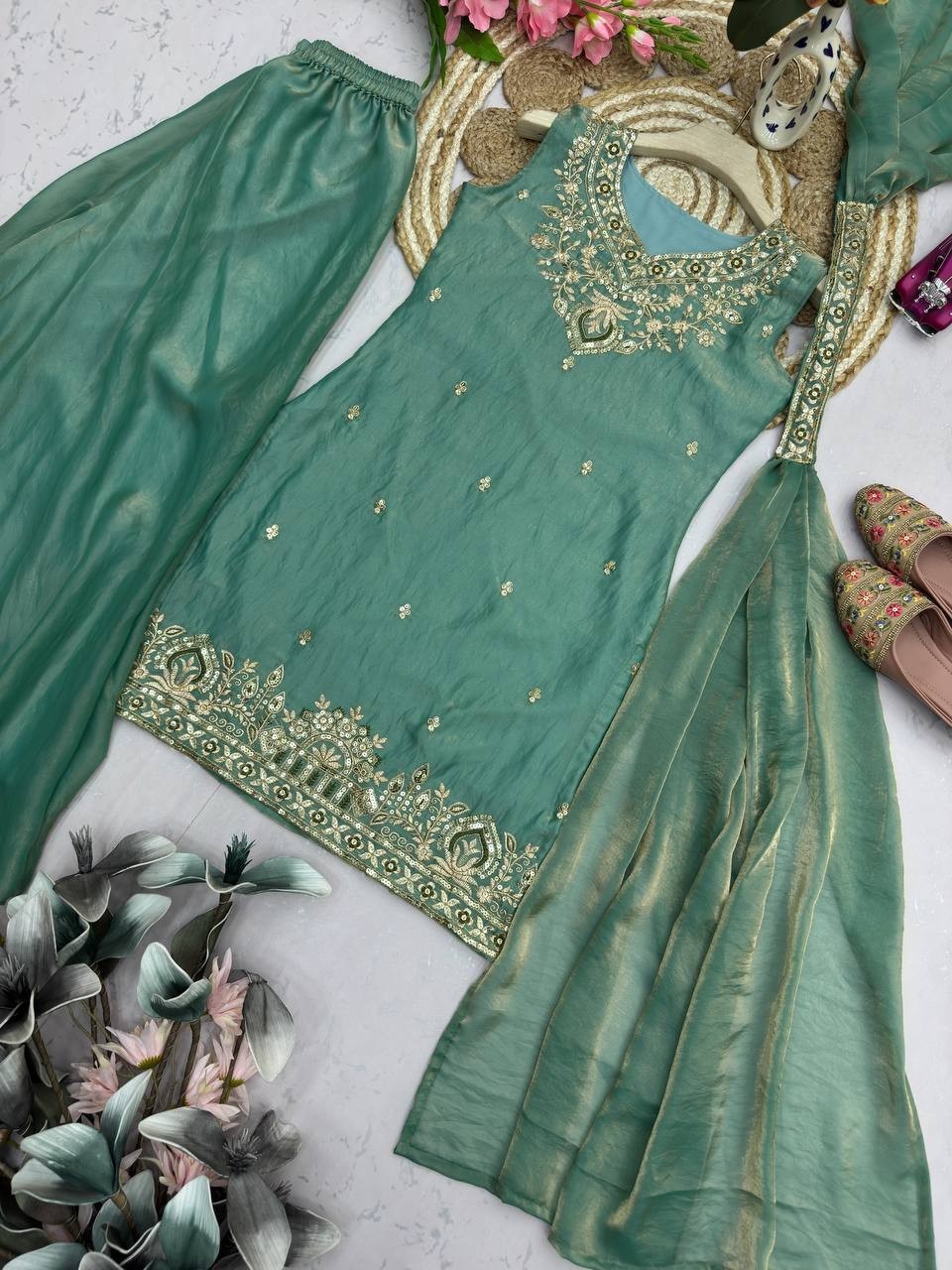 Eid Reception Party Wear Fandy Silk Sharara Plazzo Suit