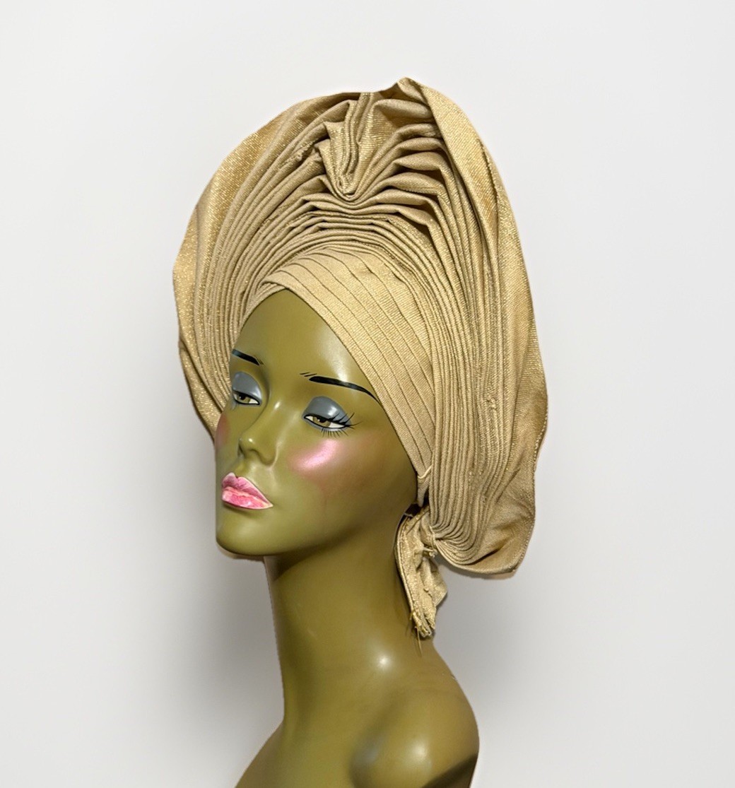Aso-Oke African Headtie Auto Gele, Gold Color Empress headwear