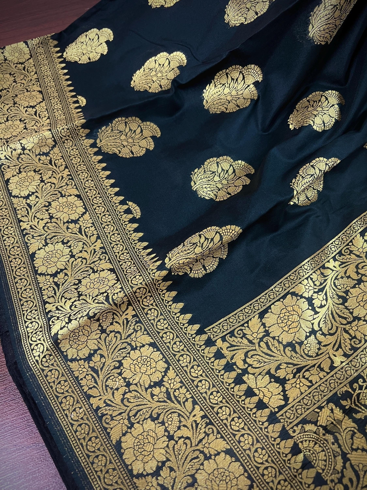 Black Color Traditional Banarasi Handloom Silk Saree in Muted Yellow Gold Muted