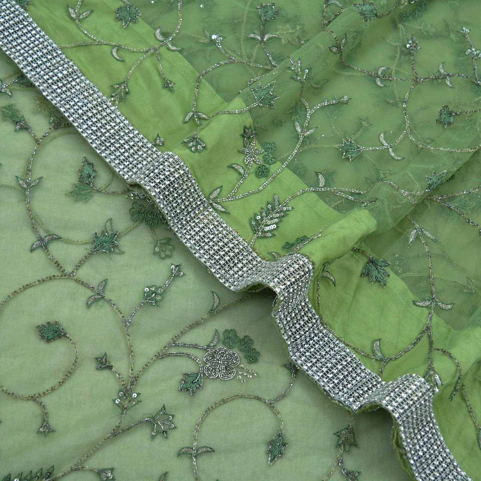 Vintage Heavy Saree Green Net/Mesh Hand Embroidered Sari Fabric 5Yd Sewing Dabka