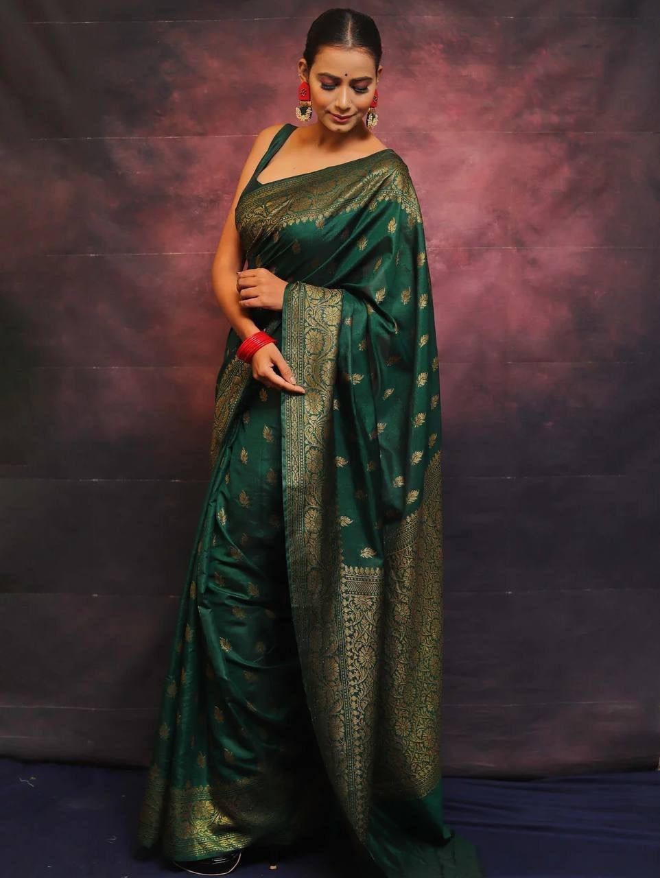 Wedding Wear Green Lichi Silk Saree with Golden Jacquard Pallu & Blouse indian