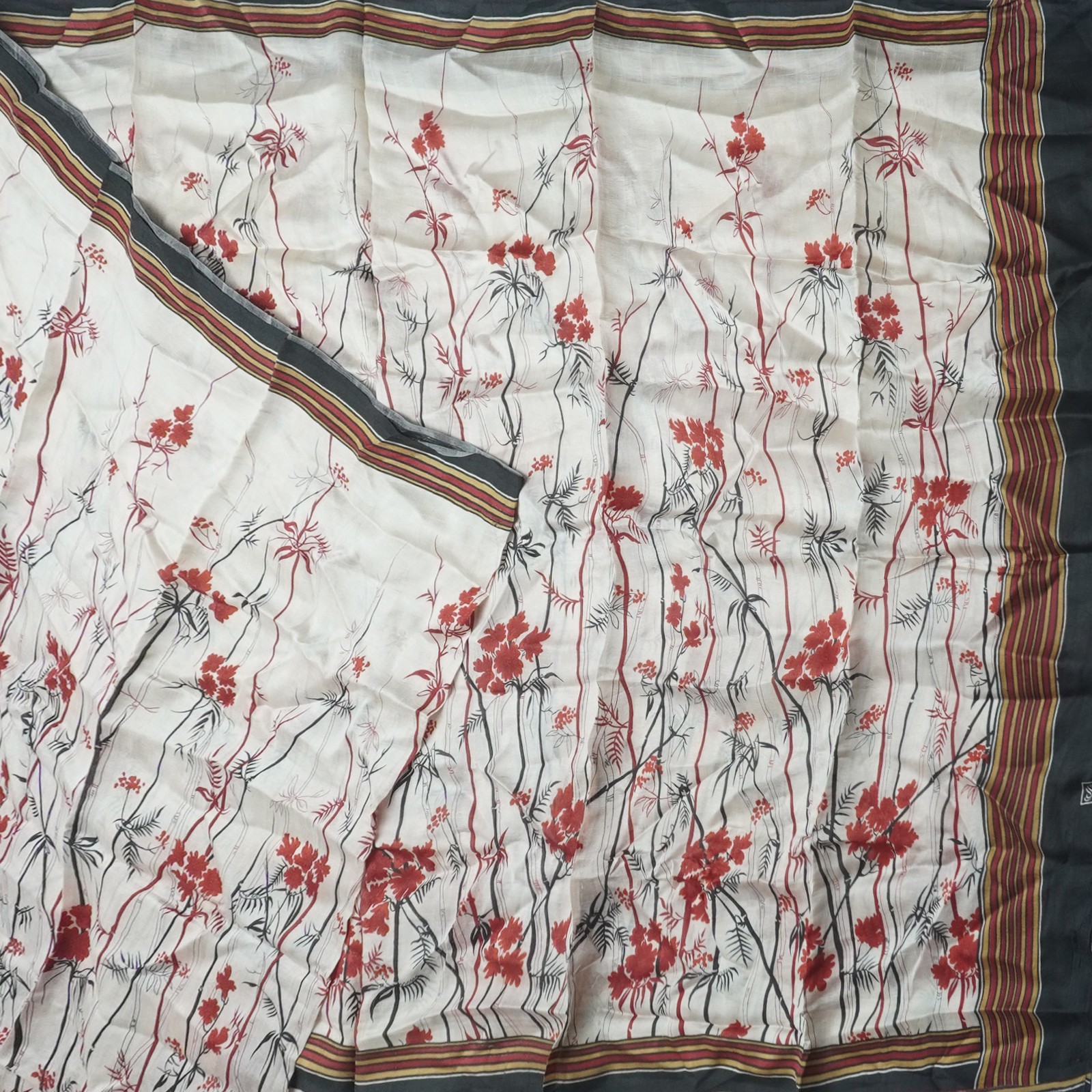 Vintage Off-White Sarees 100% Pure Silk Floral Printed Sari 6YD Craft Fabric
