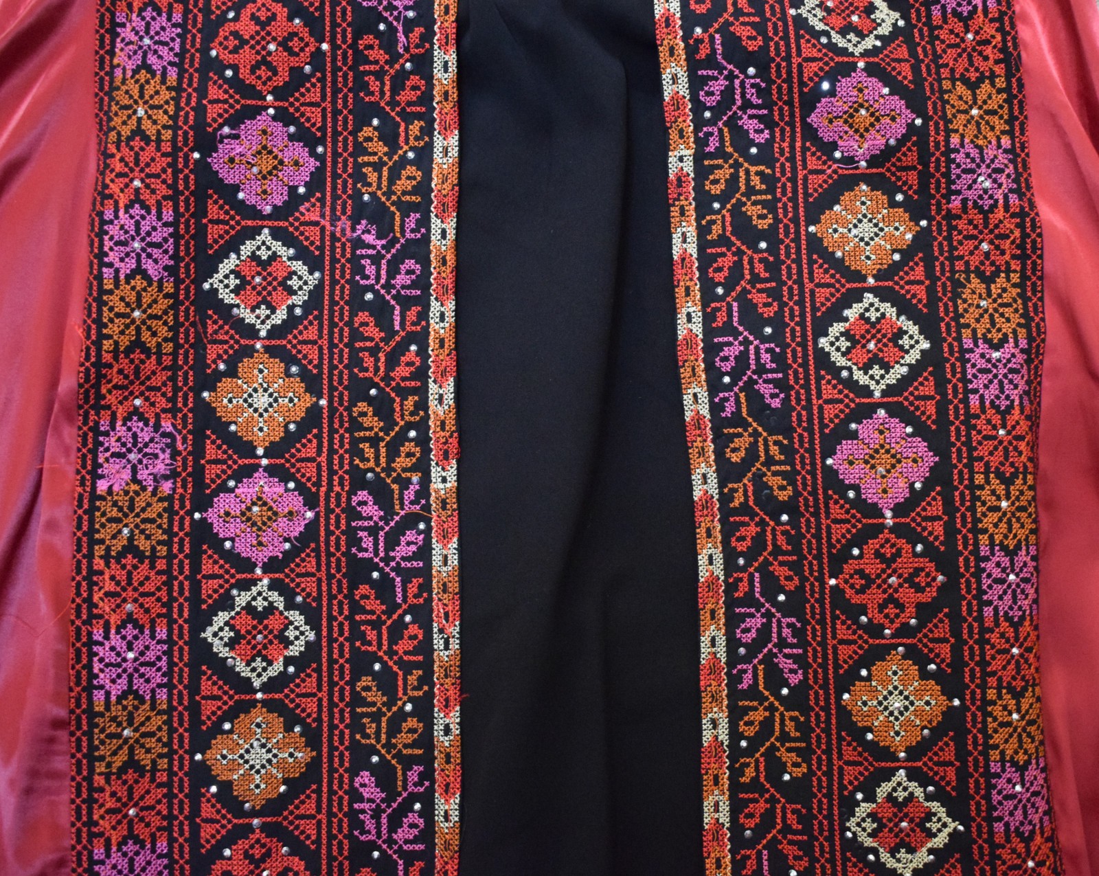 Palestinian Tatreez Thobe Black Red Satin Bedouin Embroidered Kaftan