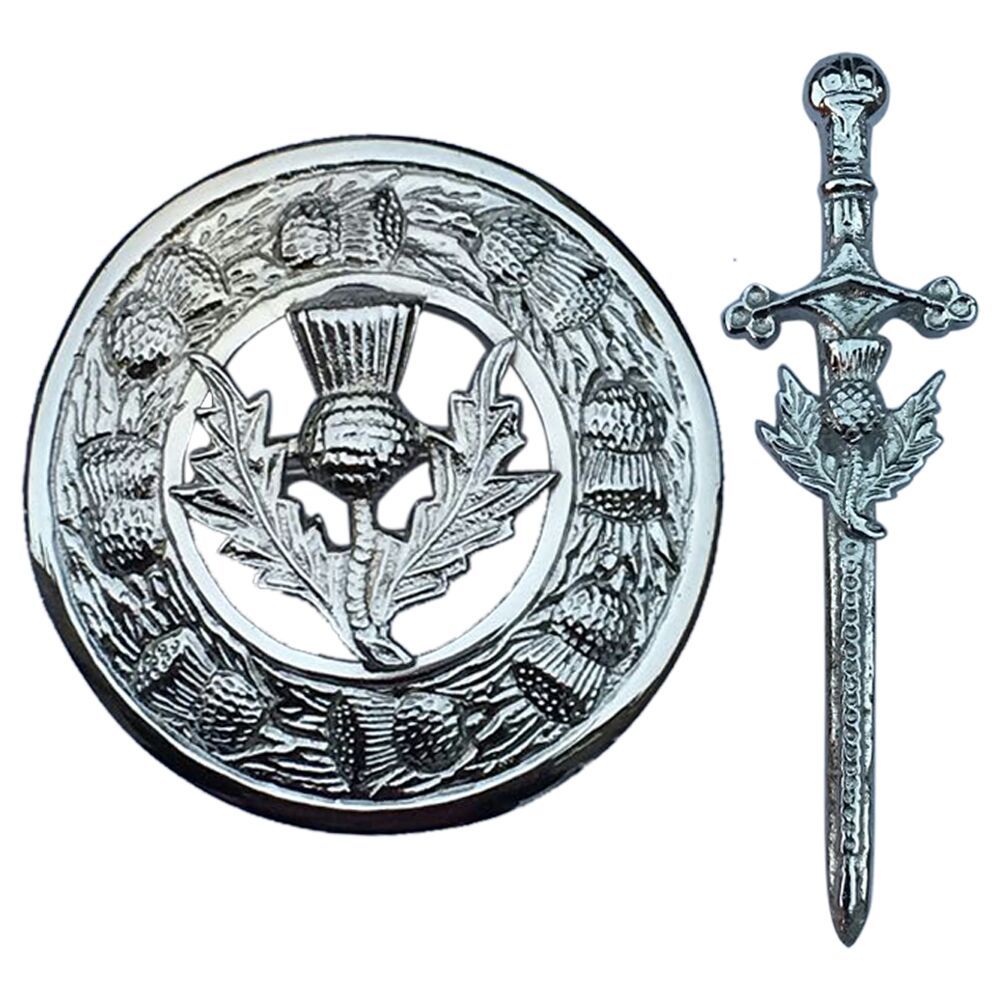 CC Brand New Scottish Thistle Design Kilt Pin and Fly plaid Brooch Chrome Finish