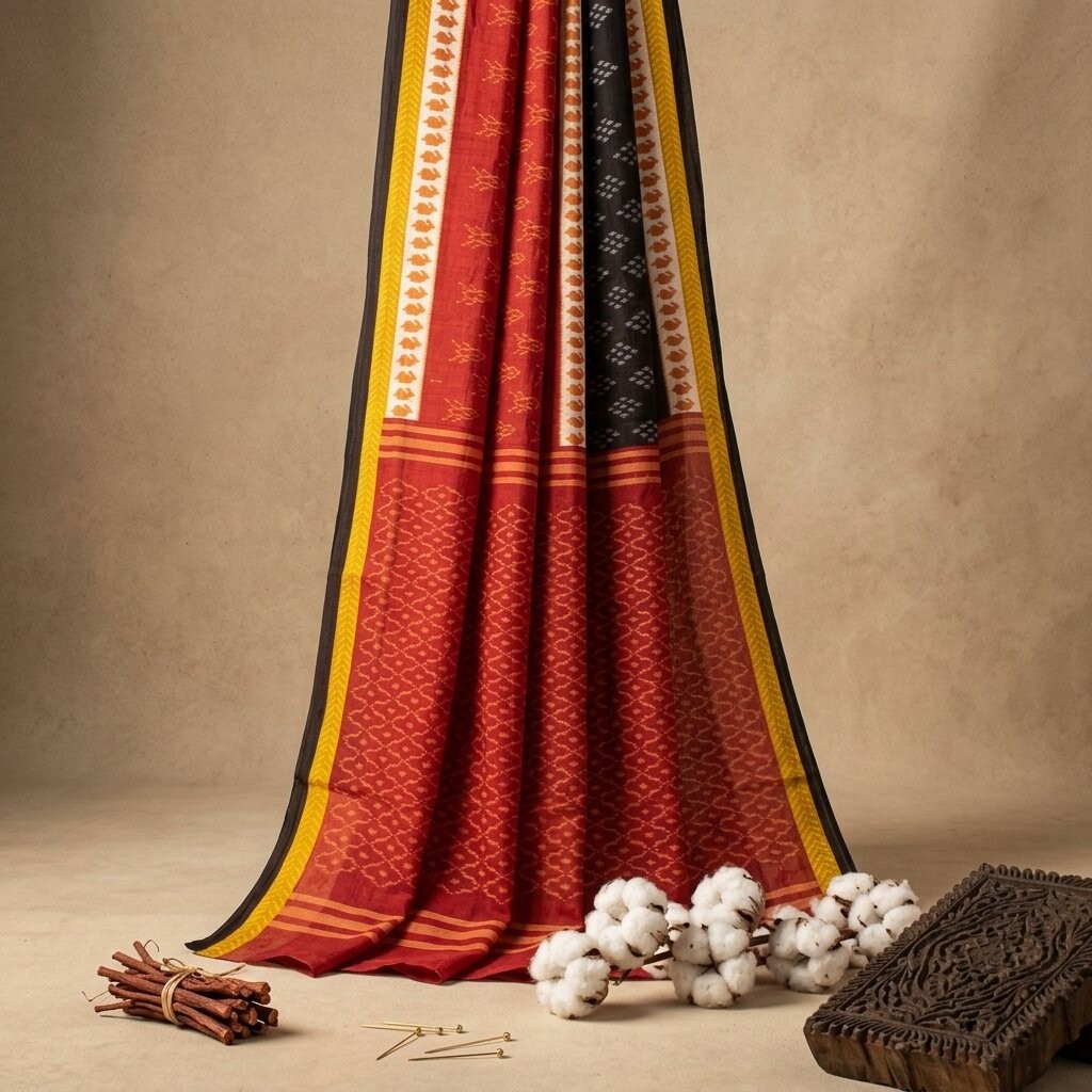 Sanskriti Vintage Saree Red-Black 100% Pure Cotton Ikat Print Sari Fabric 5+Yard