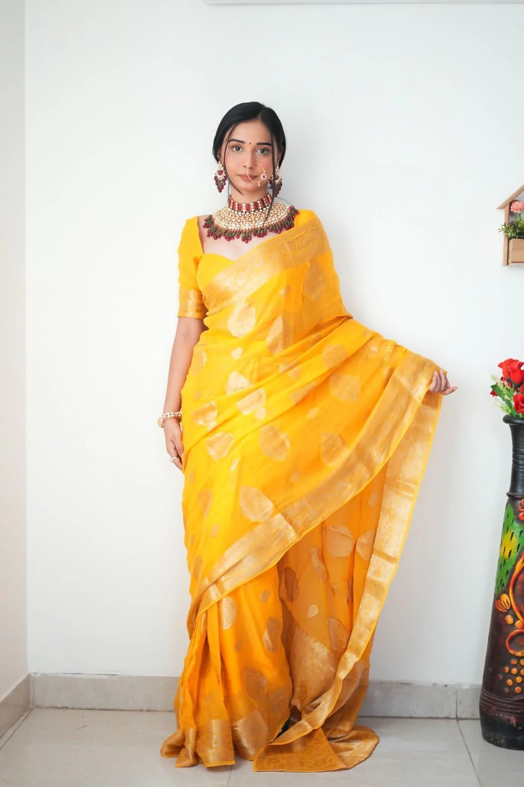 Women’s Yellow Ready to Wear Cotton Silk Saree With Unstitched Blouse Piece