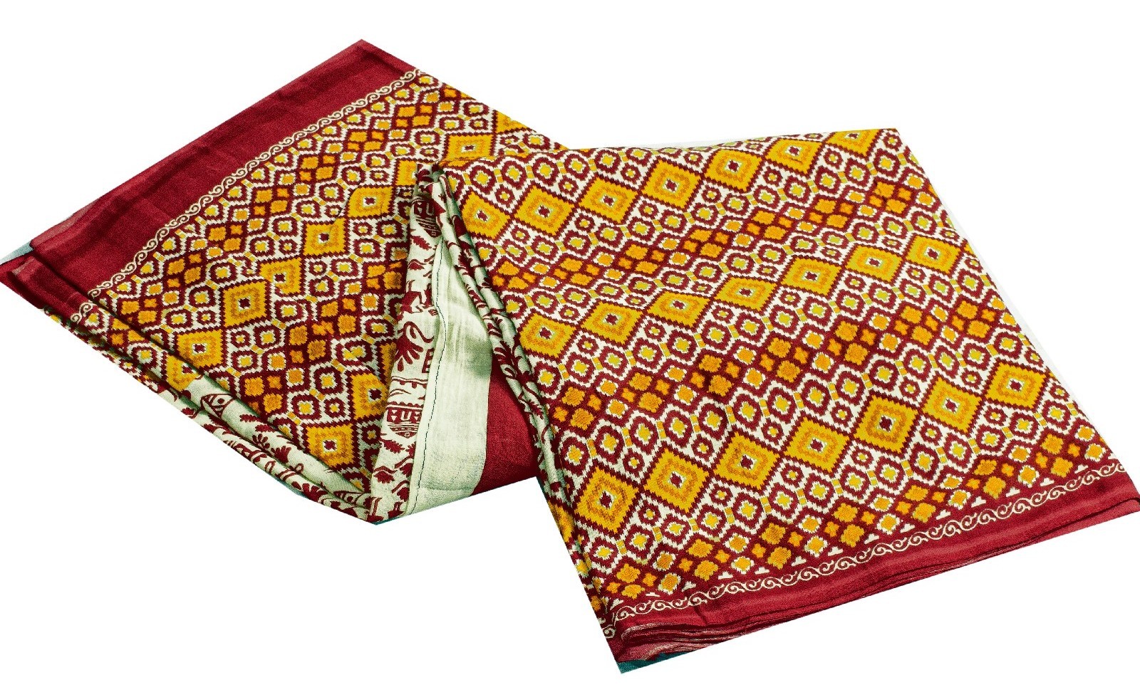 Sanskriti Vintage Saree Soft Red-Cream WarliArt Pure Cotton Geometric Print 5+Yd