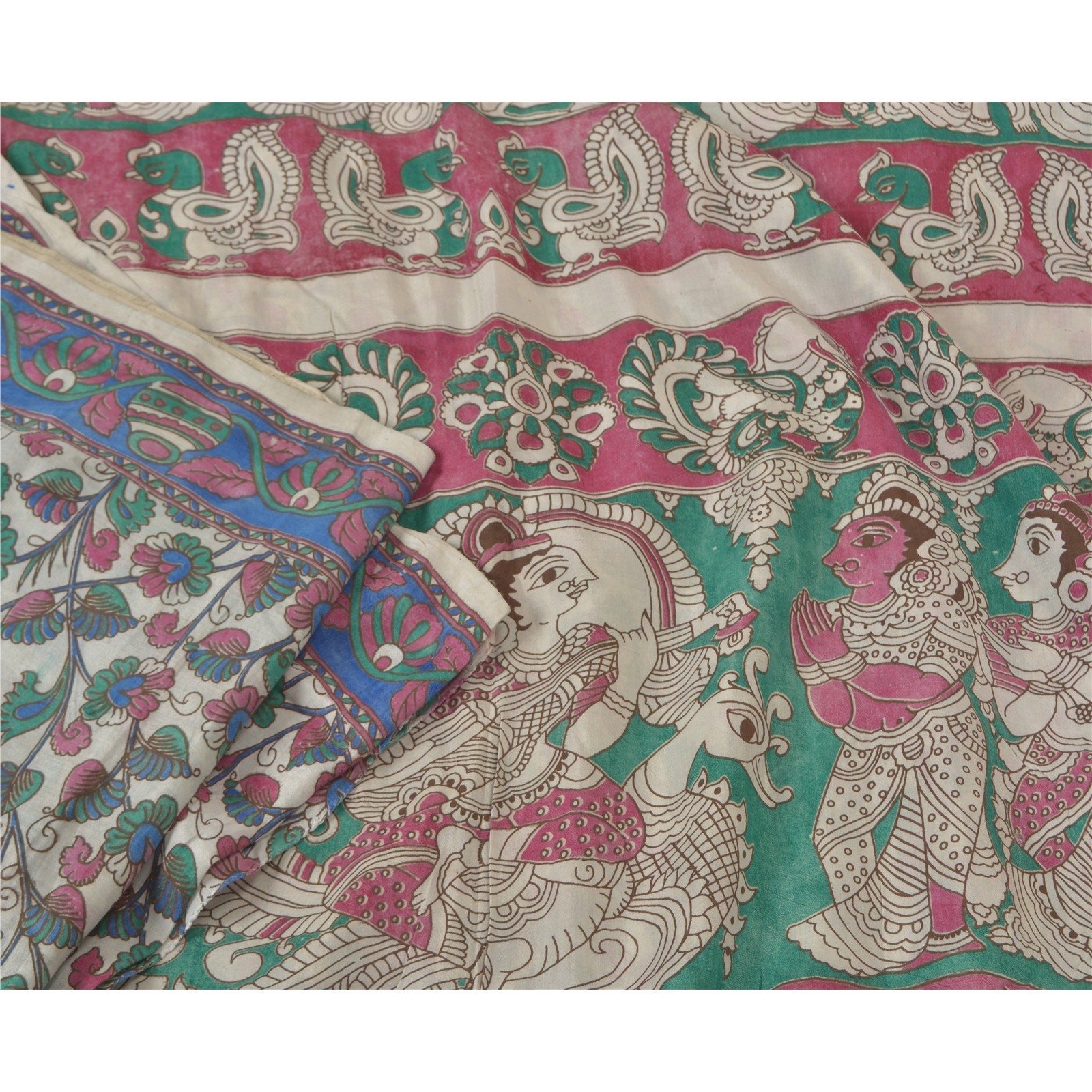 Sanskriti Vintage Ivory Sarees Blend Silk Handmade Kalamkari Peacock Sari Fabric