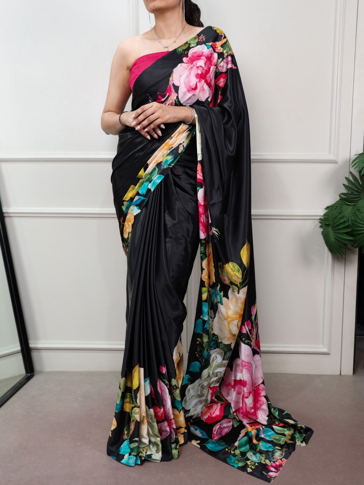 New Launch Printed Satin Silk Saree With UN Stitched Blouse For Party Wear