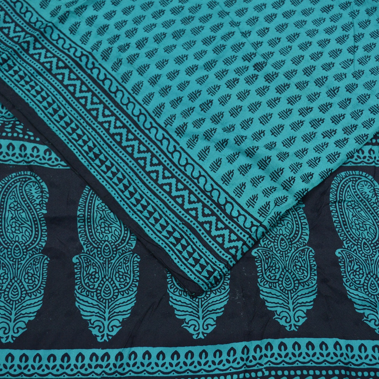 Indian Vintage Green & Black Sarees Hand Block Printed Sari Pure Silk Fabric 5yd