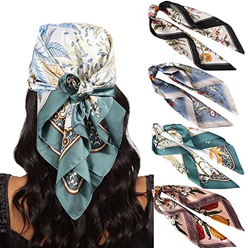 27.5” Silk Satin Square Head Scarf – 4PCS Satin Print (Black/Gray/Coffee/Cyan)