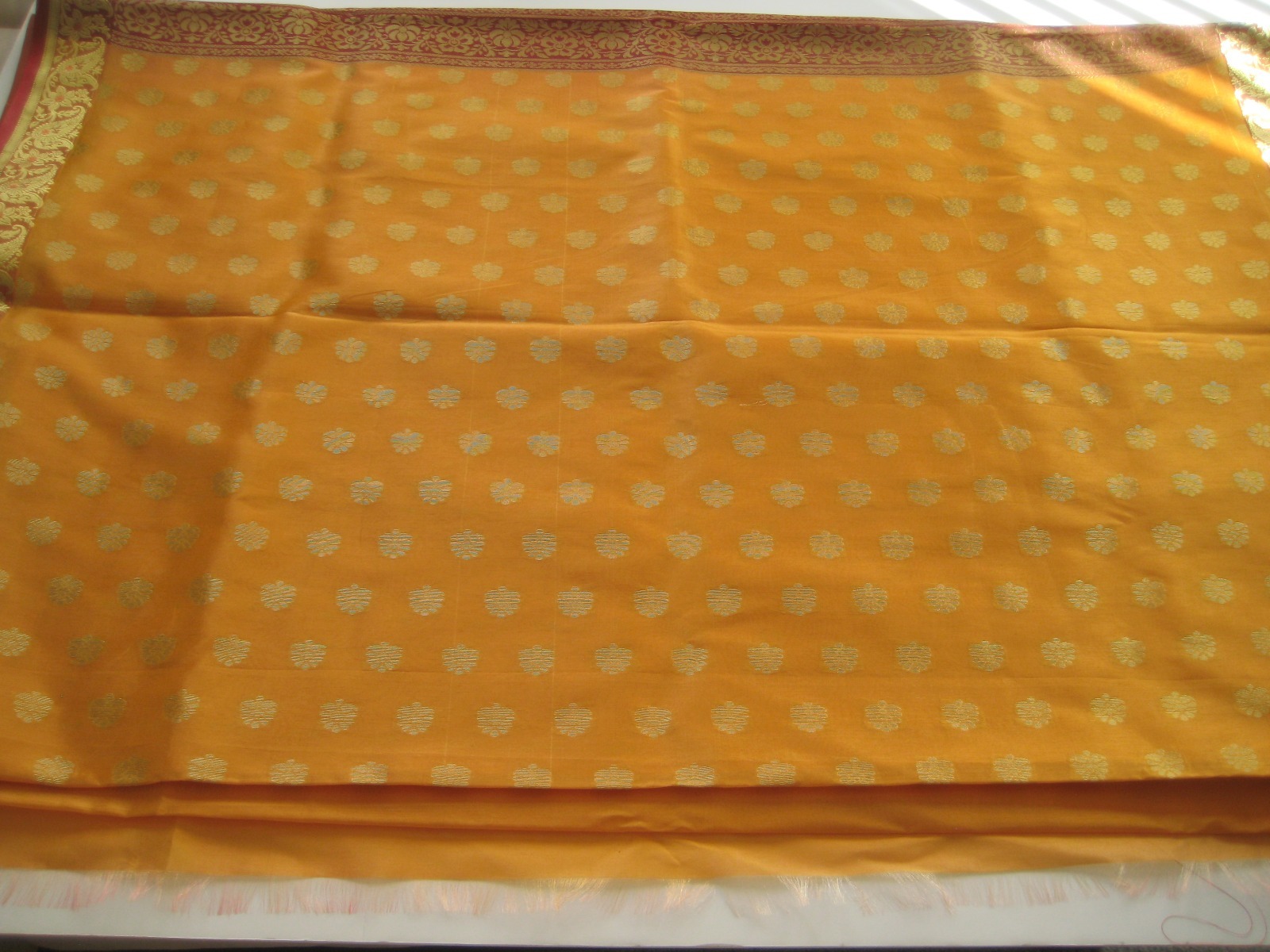 Beautiful Orange/Red shade Organza Type Material w/Gold Work Indian Sari
