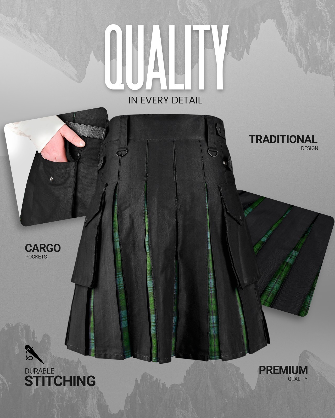 Hybrid Utility Kilts for Men Scottish Traditional Kilt with Flashes