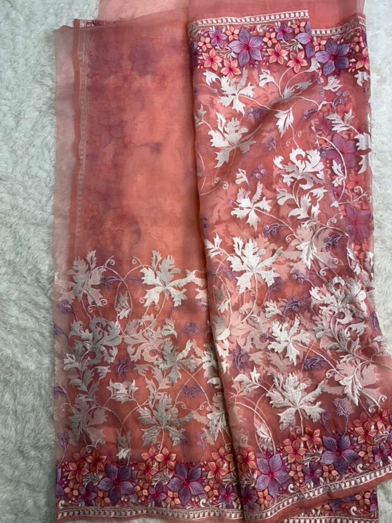Organza Muslin Embroidery Saree – Elegant Floral Work, Soft Lightweight