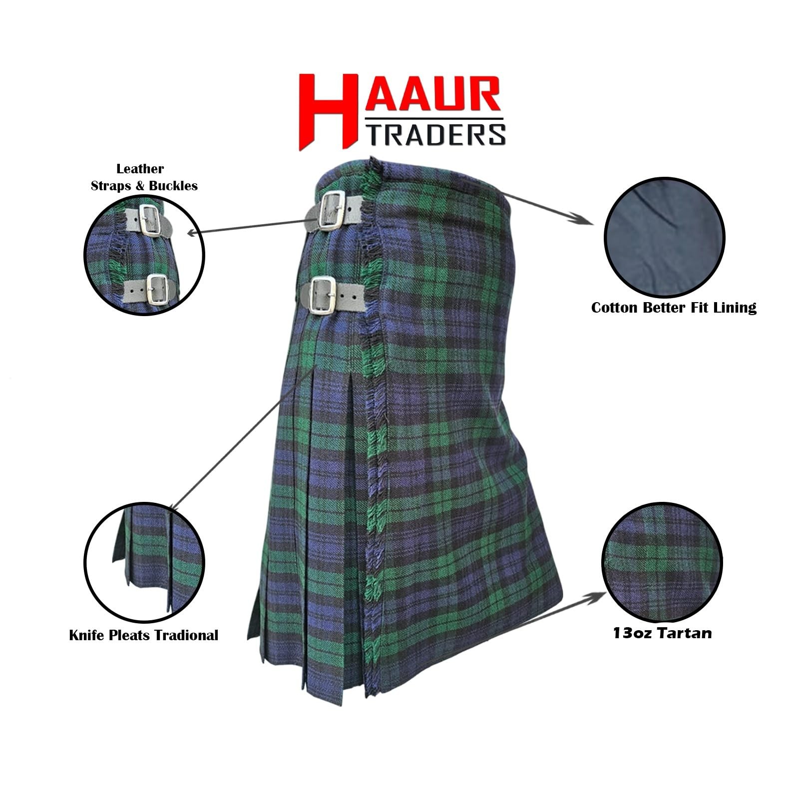 HAAUR TRADERS Scottish Tartan Men’s Kilt Black Watch Leather Straps Size 38