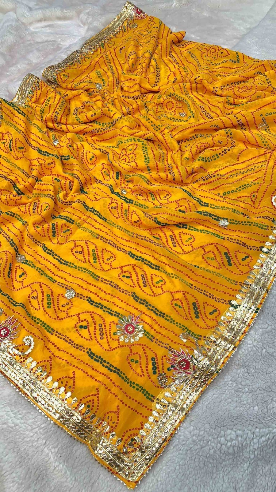 Women Yellow Bandhej Saree Georgette Fabric Gota Patti With Unstitched Blouse