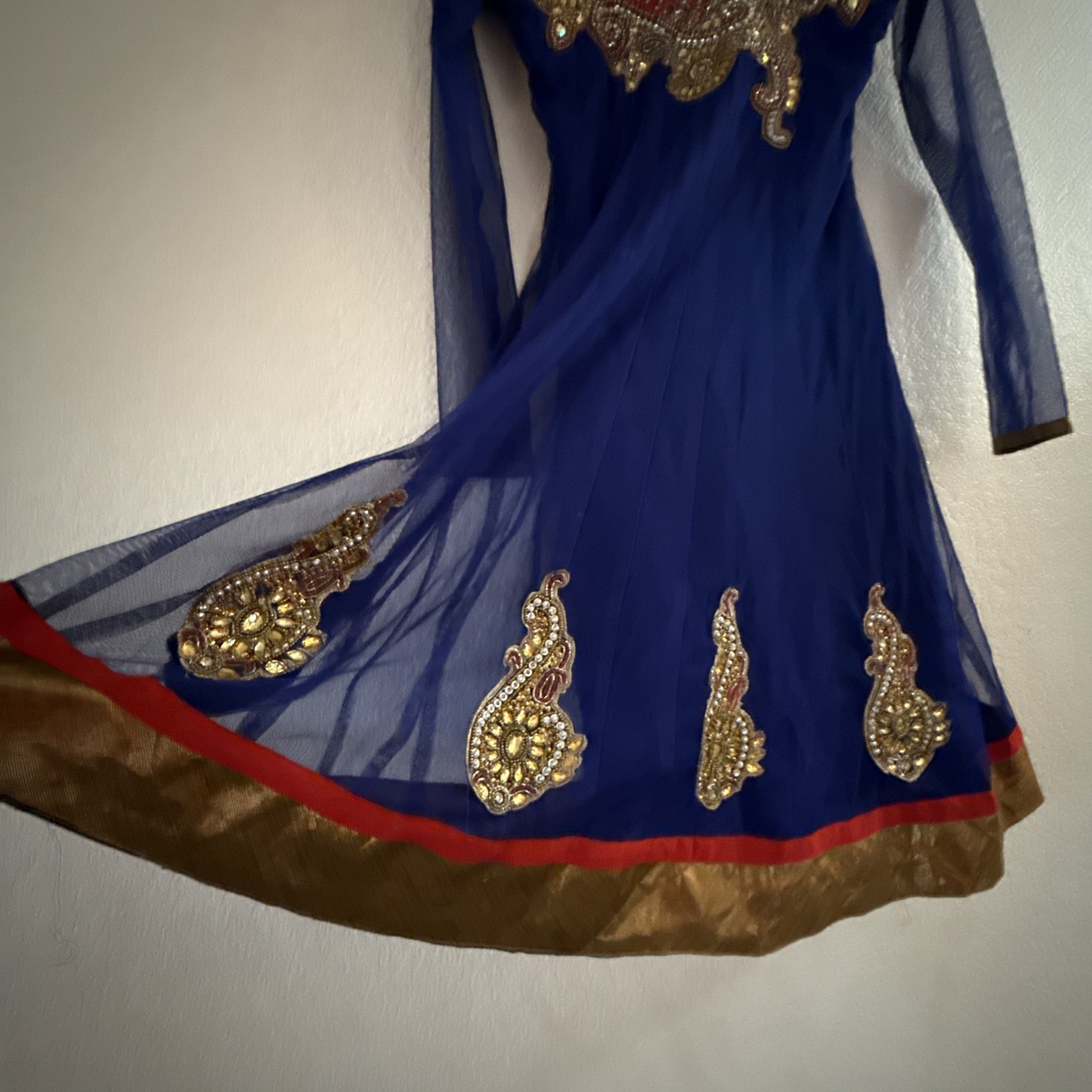 Handmade Anarkali Style Formal Dress Royal Blue Beaded Rhinestone S-M NWOT
