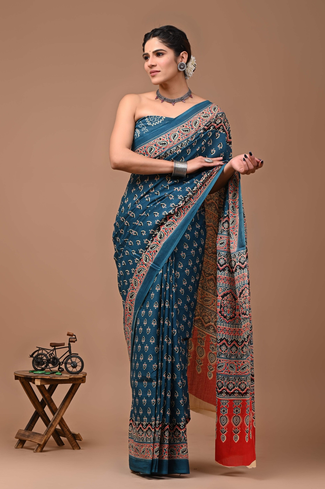 Indian Printed Skyblue Pure Cotton Mulmul Saree With Blouse, 5.50 Meter Sari