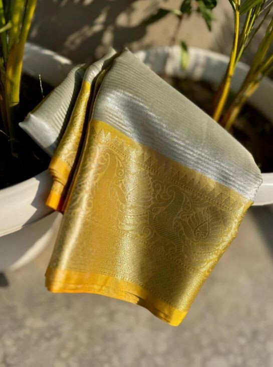 Women Banarsi Tissue Soft Silk Saree With Contrast Brocade Gold Blouse
