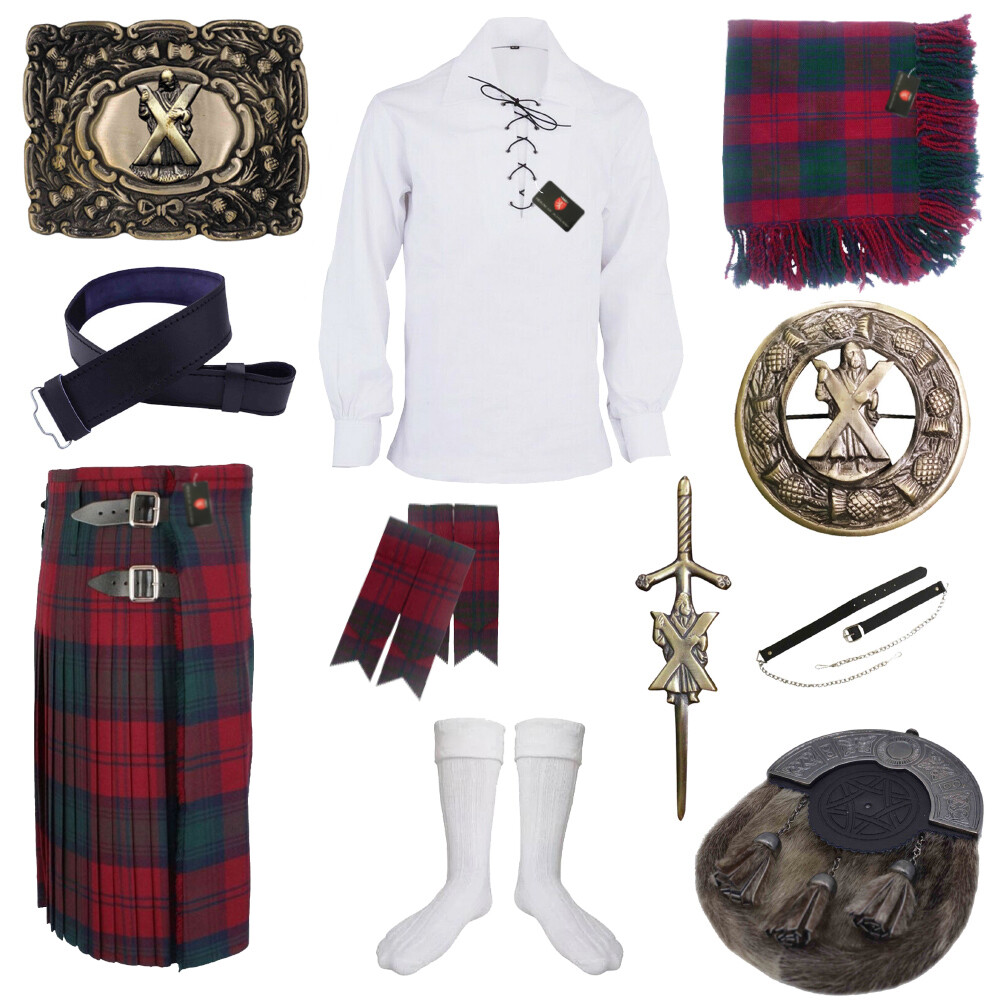 Lindsay Tartan Kilt Outfit Set Thistle Pin Buckle Brooch Hose Socks Flashes Wool