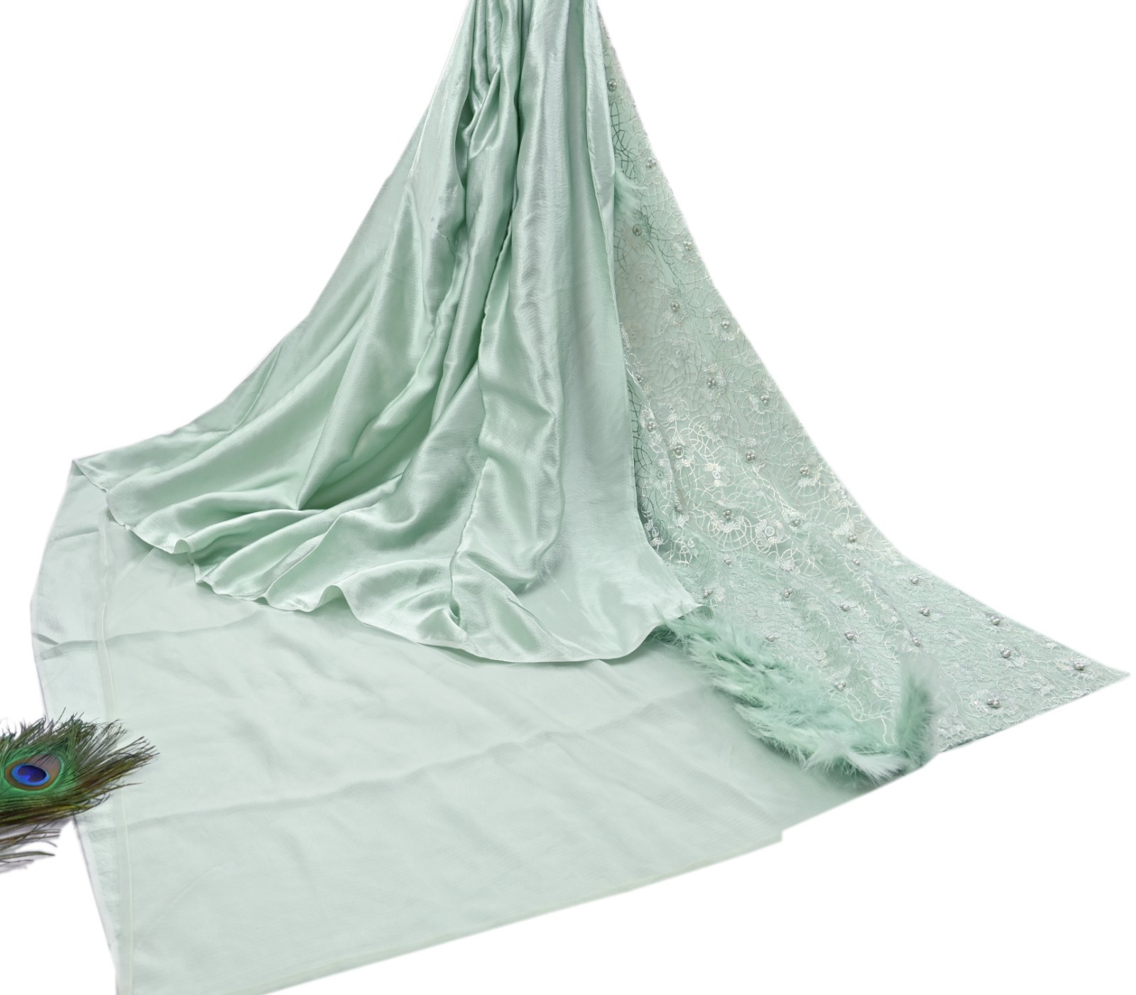 Vintage Green Satin Silk & Net Saree Heavy Hand Embroidery 5.5 Yards Soft Mesh