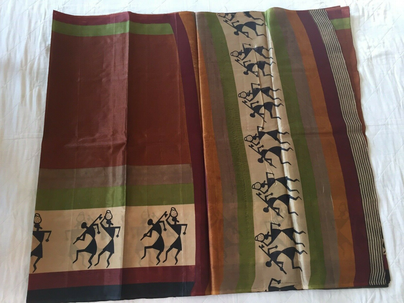 Brown/Green Printed Light Weight Art Silk Saree with stitched blouse & falls