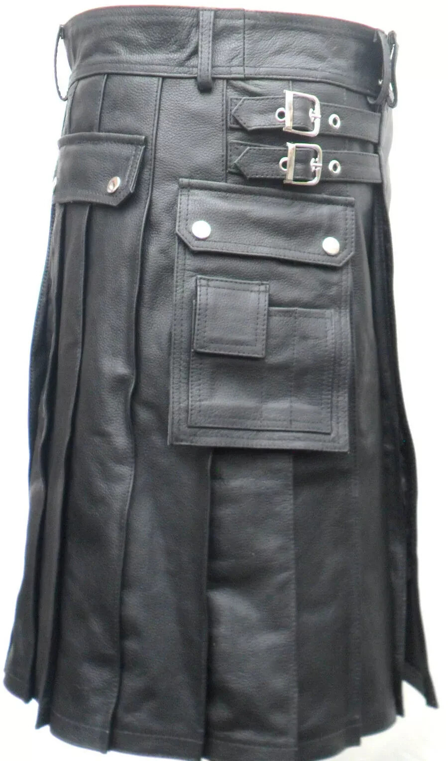 Men’s Black Real Leather Kilt Cargo Pockets Pleated Utility Clubwear