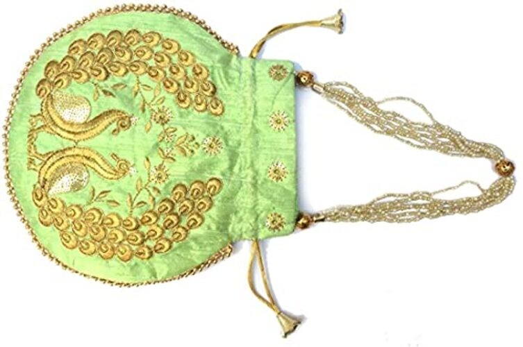Indian Ethnic Designer Embroidered Silk Potli Bag Batwa Pearls Handle Peacock#1