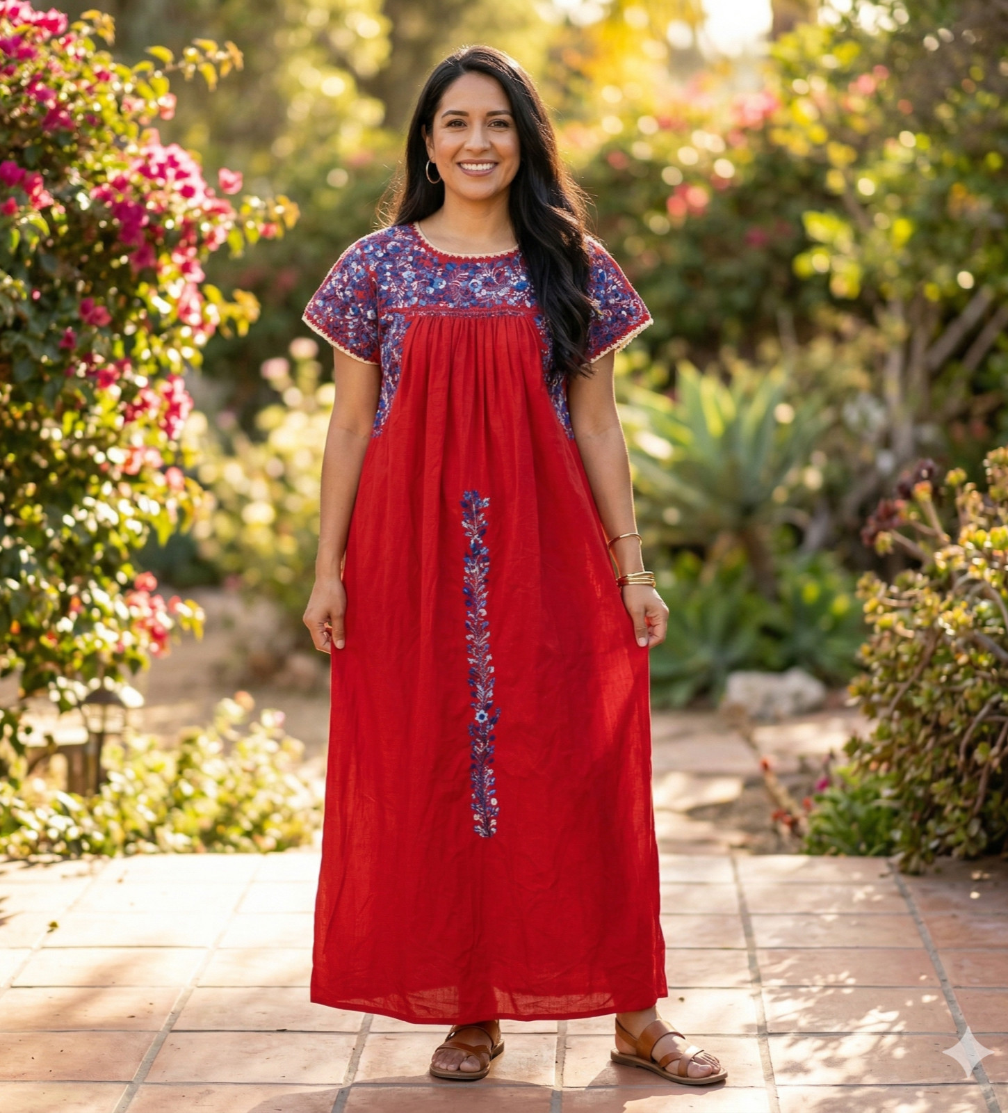 VTG San Antonino Maxi Dress S/M Oaxaca Mexican Peasant Embroidered Red Blue