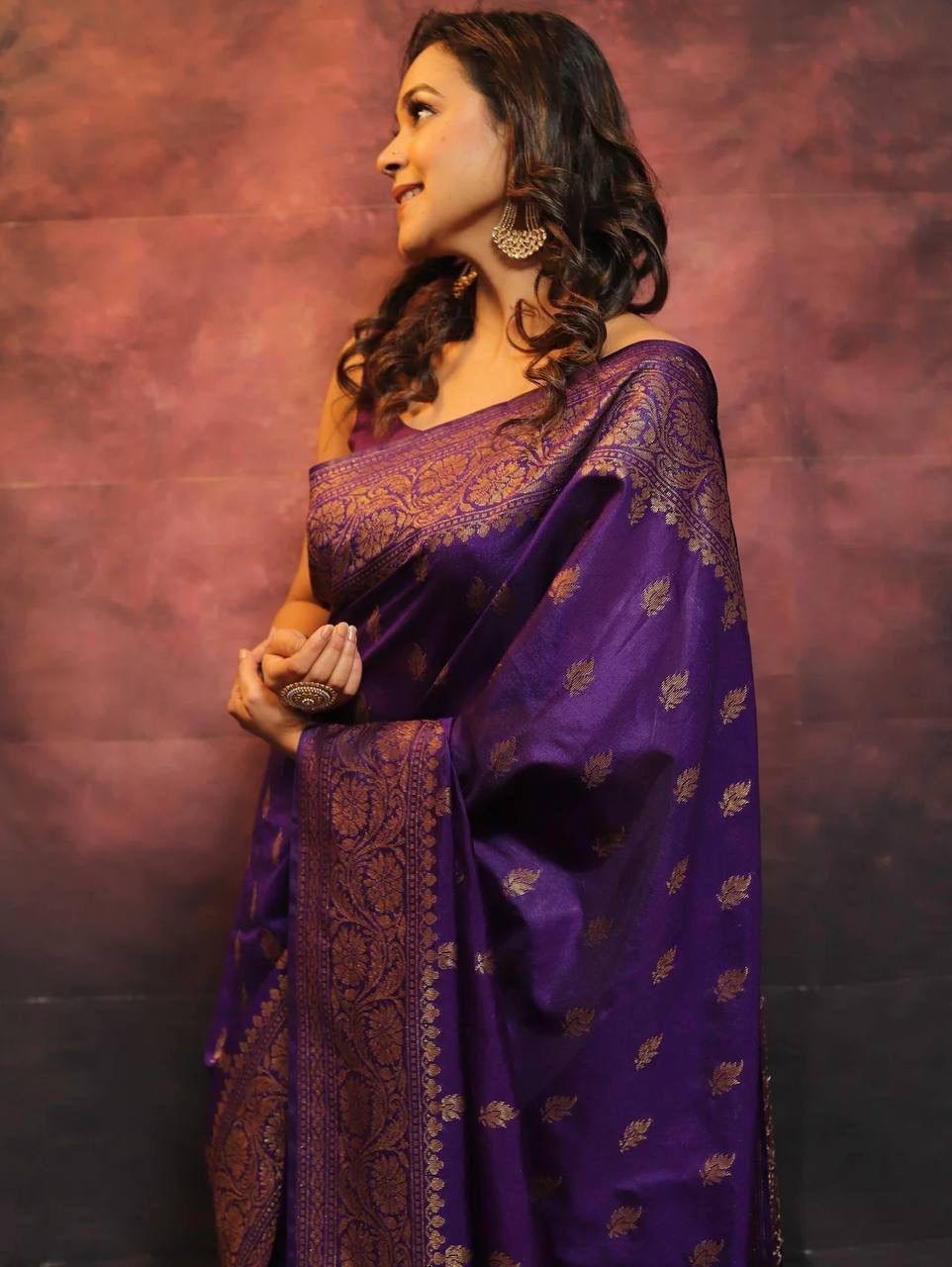 Wedding Wear Purple Lichi Silk Saree with Golden Jacquard Pallu & Blouse indian