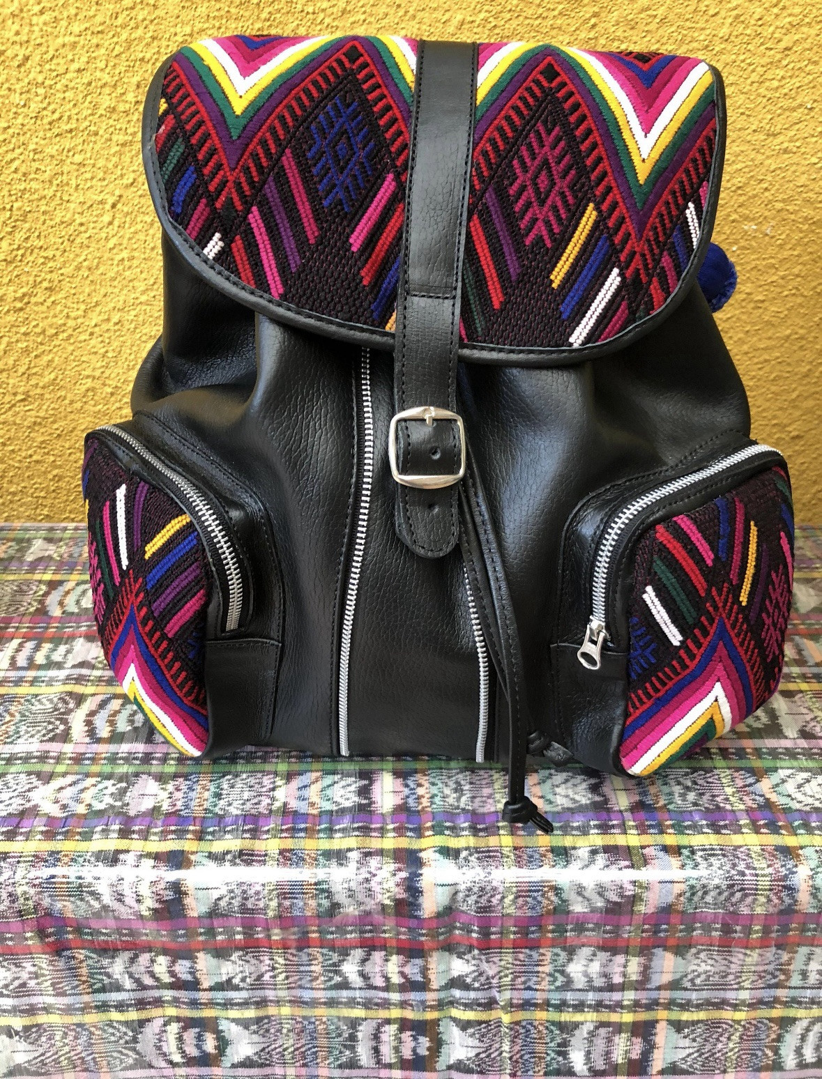 Gorgeous Black Leather Backpack with Huipil from Chichicastenango in Guatemala