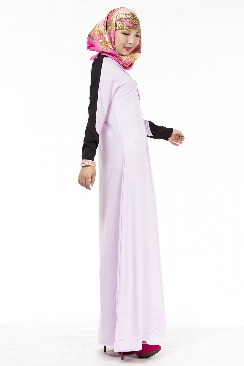 Muslim Women Round Neck Abaya Front Zipper Long Sleeve Kaftan Dress Party Gown
