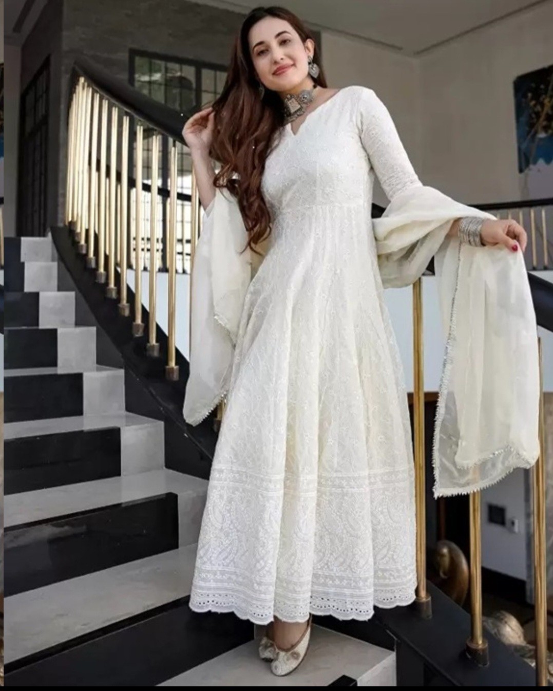Women’s Ethnic Cotton Chikankari Flared Anarkali With Chiffon Dupatta GB1