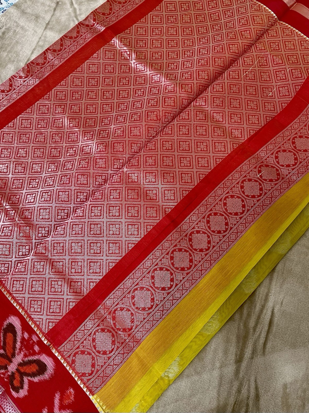 Yellow Red Gold Silk Blend Saree with Floral Geometric Patterns Unstitched