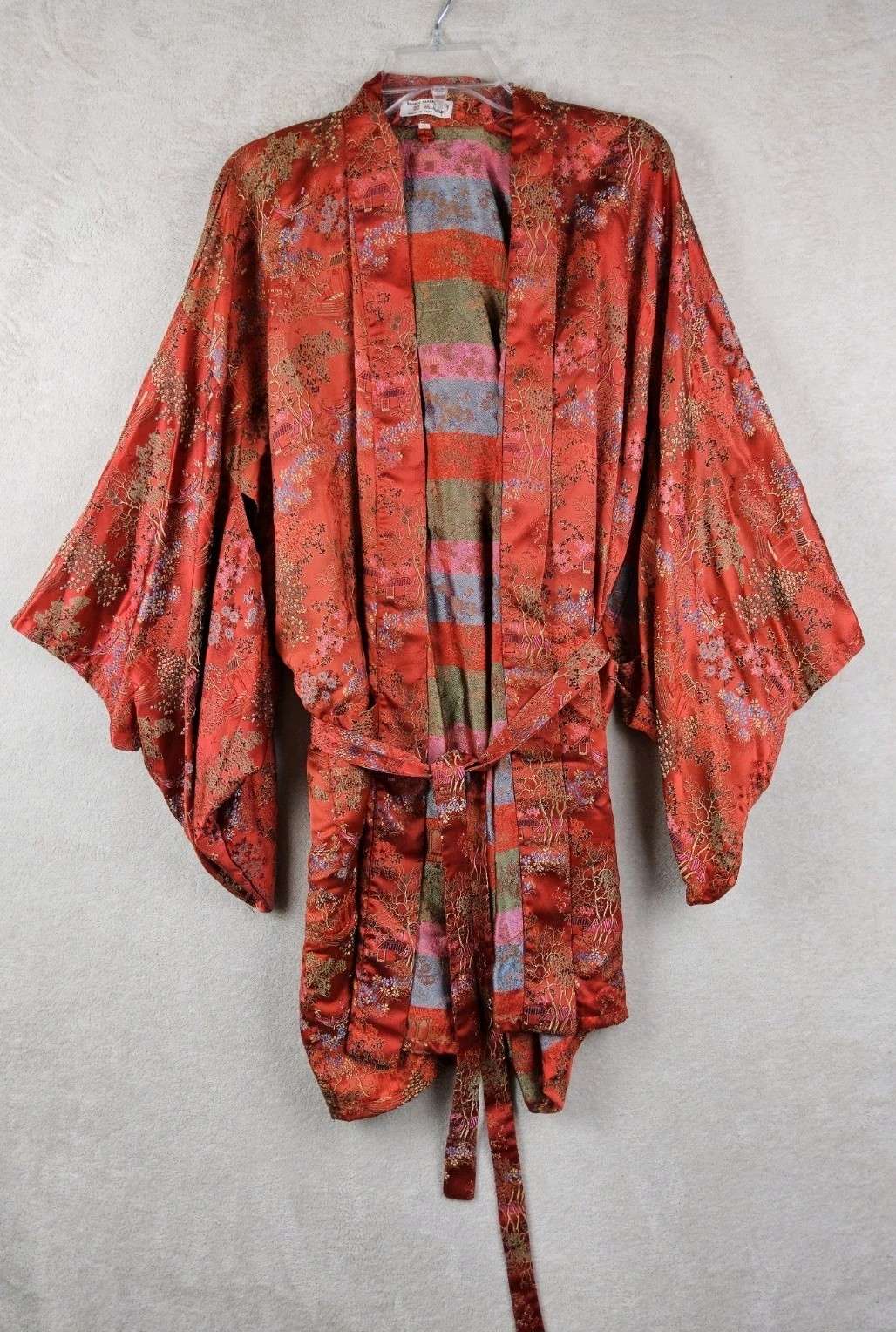 Vintage Double Peach Jacquard Chinese Kimono Robe Red Size XL