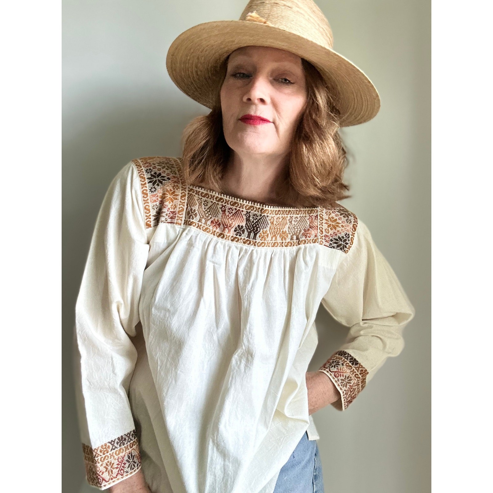 Vintage 70s Peasant Blouse Boho Hand Embroidered Cotton Folk Festival Shirt SZ M