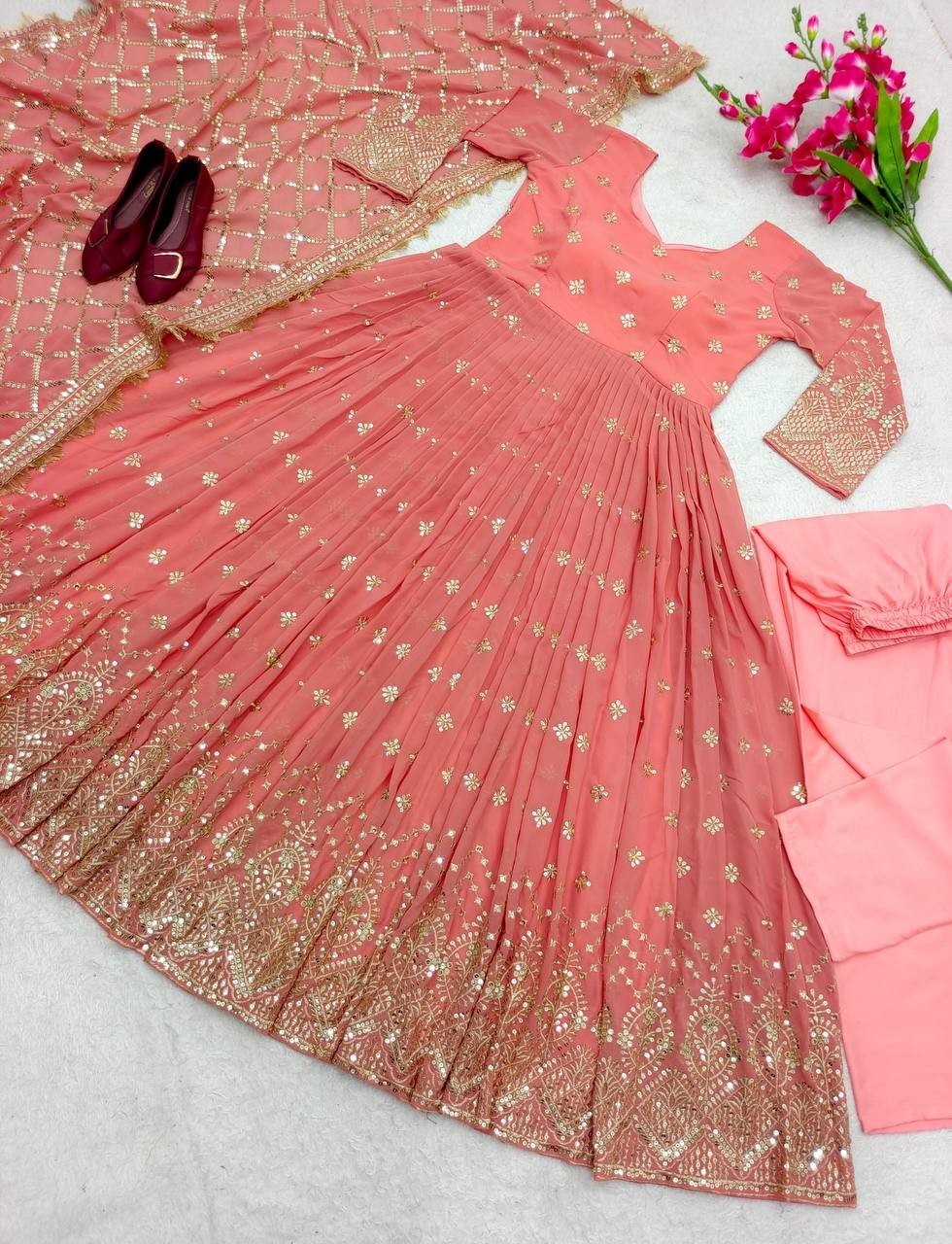 Heavy Faux Georgette Peach Gown Bottom With Dupatta For Functional Wear