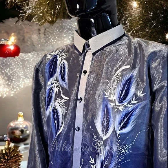 Monochromatic Hand Painted Barong Tagalog Jusi Organza Filipino Formal Barong