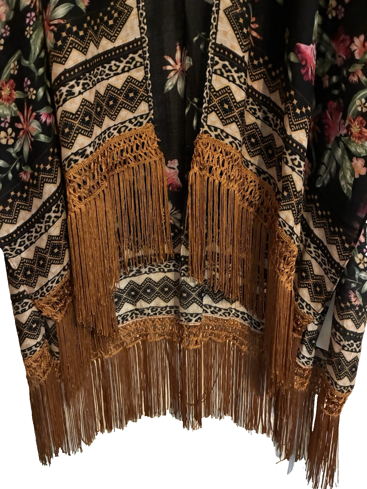 Black Floral Boho Hippie Vintage Kimono Fringe Tassel Cardigan Duster Reg PLUS