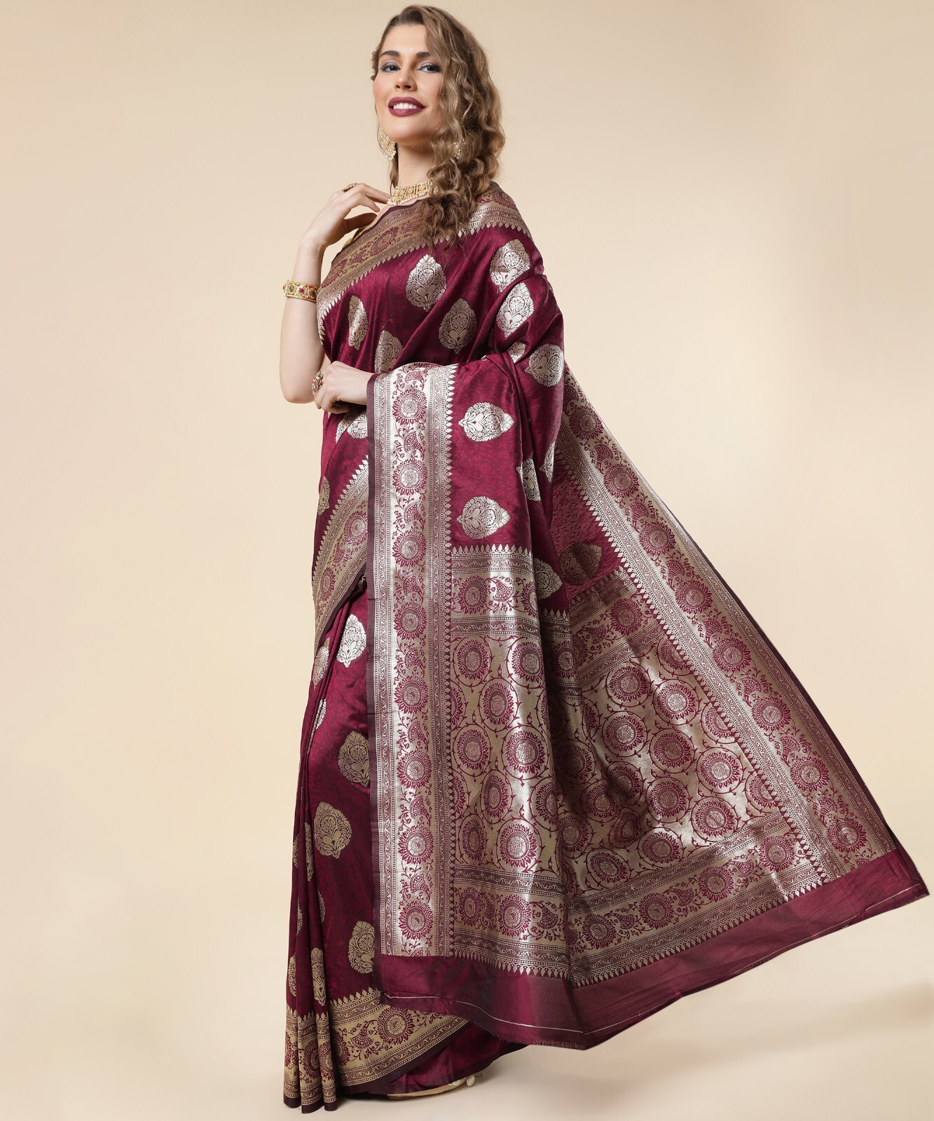 Areca Designer Royal Maroon Butto Silk saree blouses women Saree cut- 5.5 meter