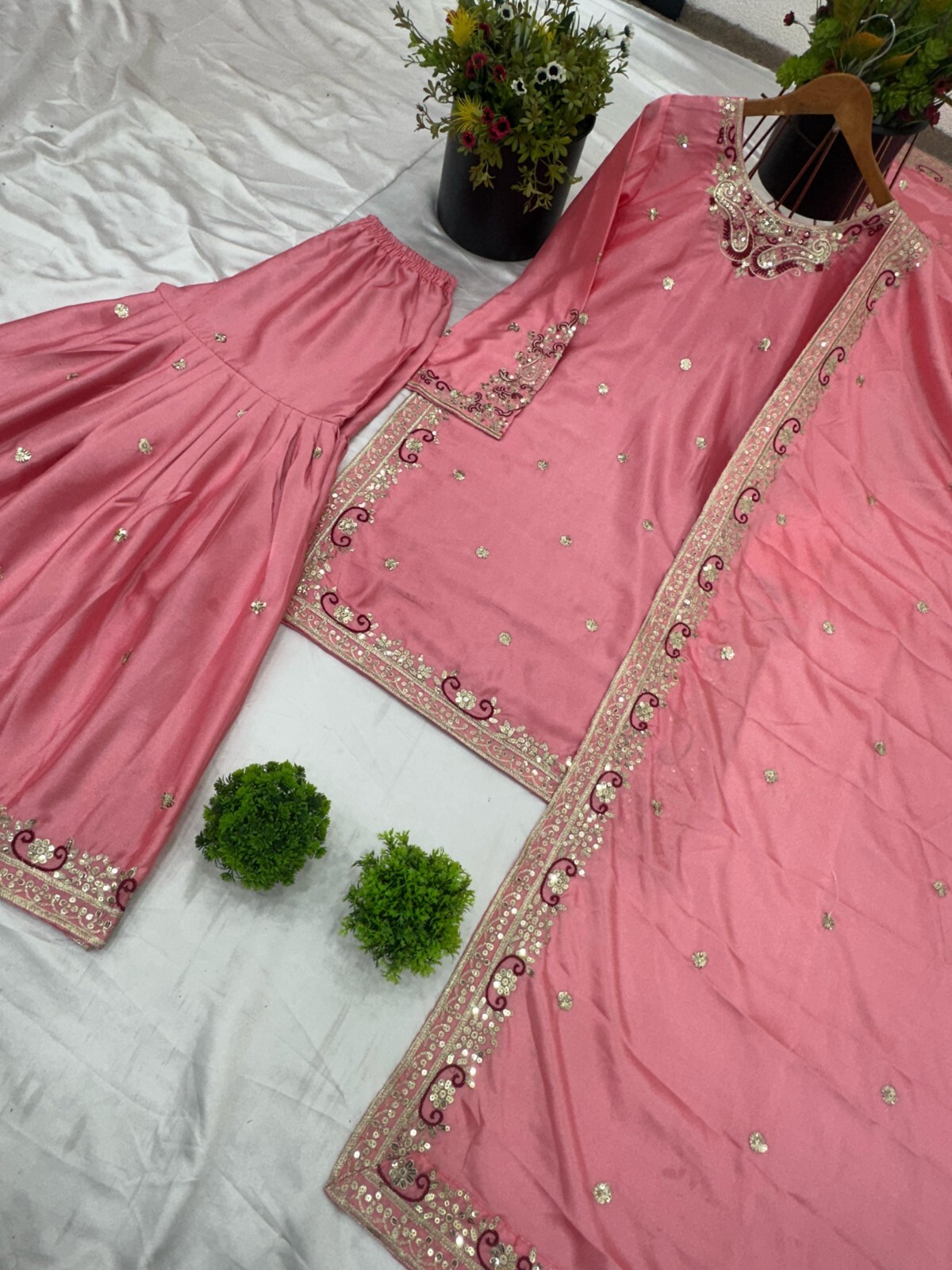 Women Wear Bollywood Party Kurta Sharara Dupatta Set Salwar Suit Kameez For Eid