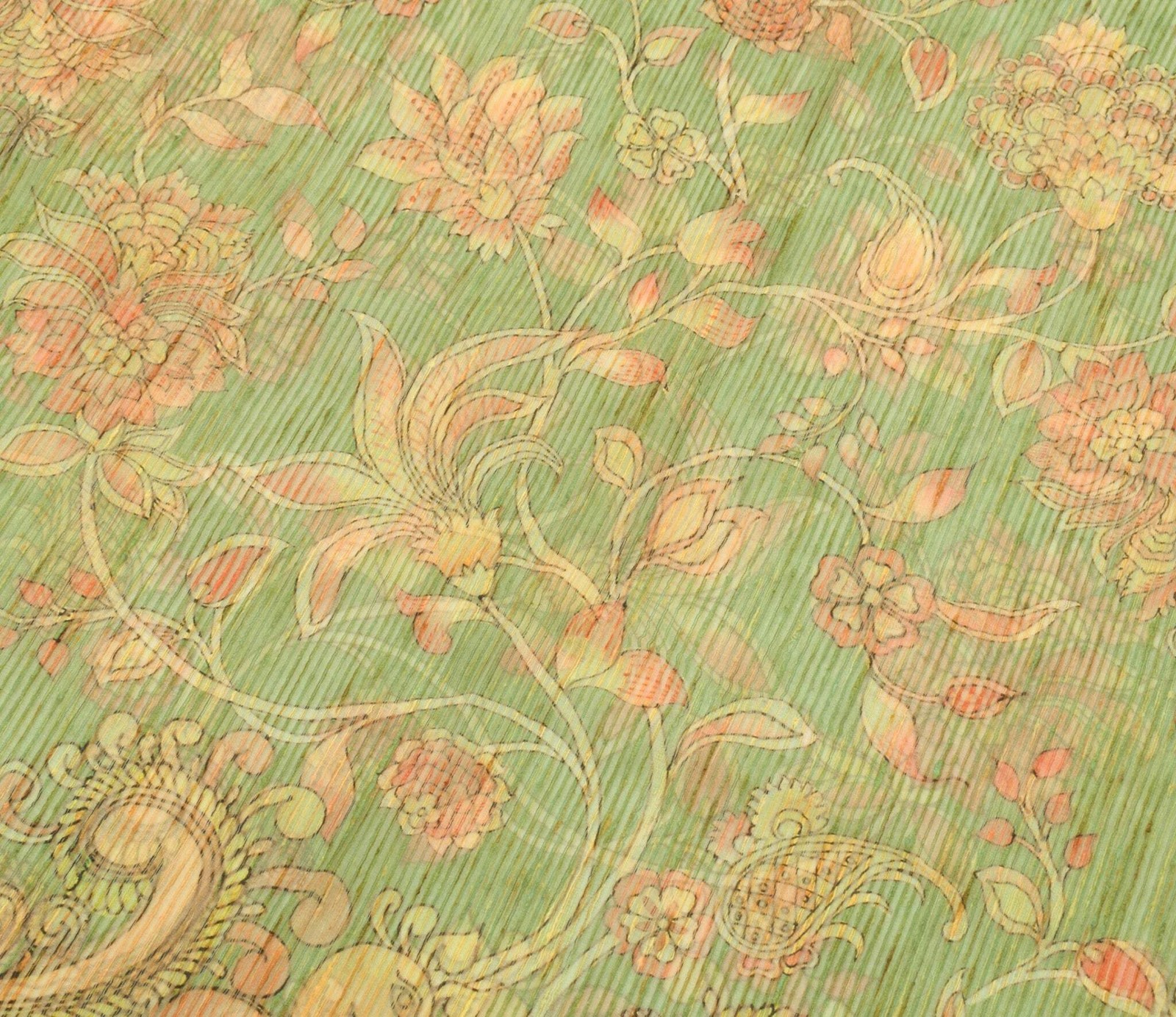 Sushila Vintage Green Silk Saree Kalamkari Printed & Woven Peacock Sari Fabric